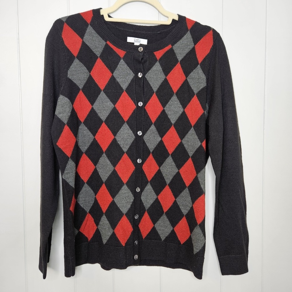 Croft & Barrow Black Argyle Sweater Women's Small Button Up‎